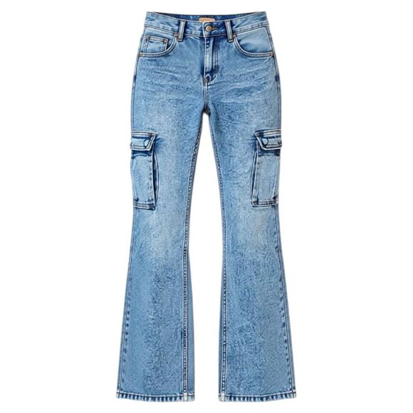 RISEN Retro Cargo High-Rise Slim Flare Tapered Acid Wash Denim Jeans Utility Pan - Picture 9 of 10